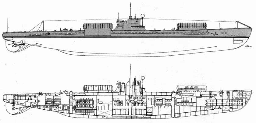 Подводная лодка «Шире», оборудованная цилиндрами для перевозки управляемых торпед